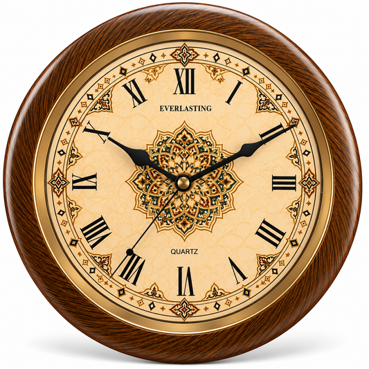 Everlasting 10 Inch Islamic Geometric Roman Numeral Step Movement Green and Golden Ring Wall Clock